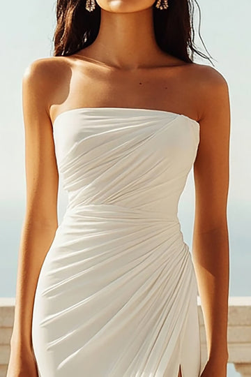 Chiffon Ivory Ruched Strapless Long Boho Formal Dress with Slit
